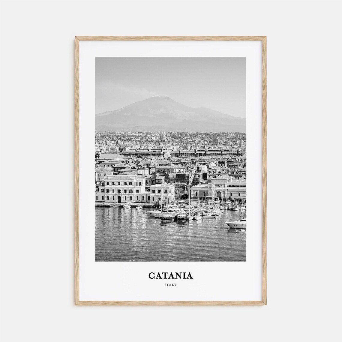 Catania Italy Mount Etna Volcano Harbor Black White Travel Poster