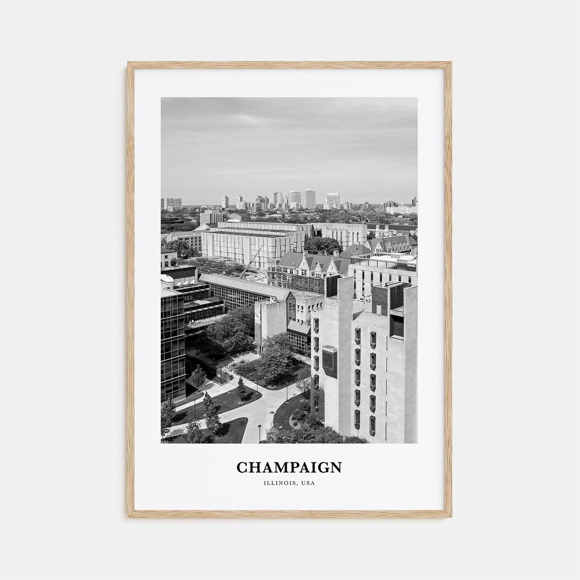 Champaign Illinois City Skyline Panorama Black White Travel Poster