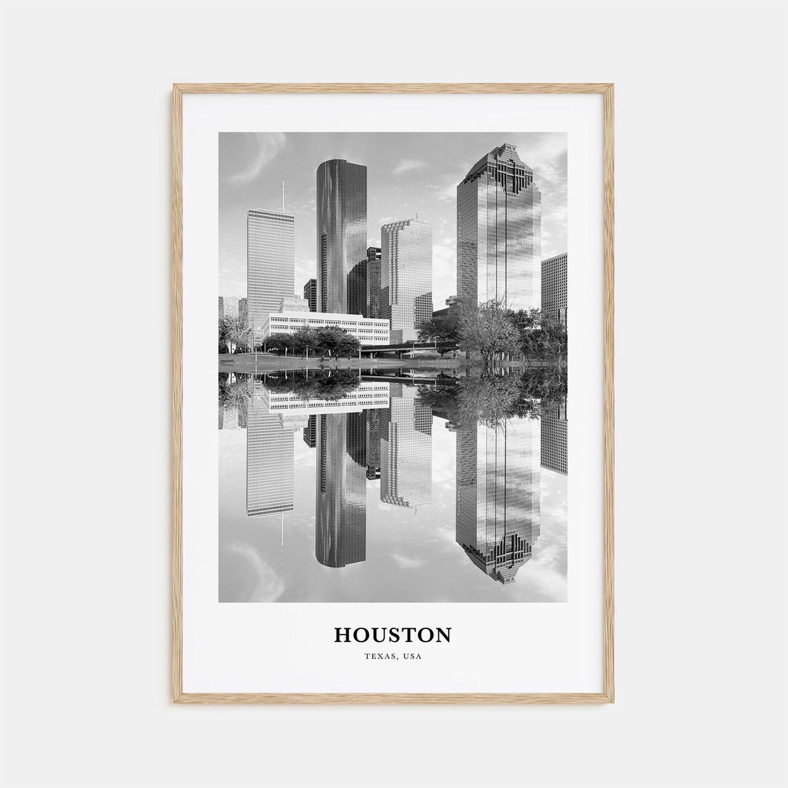 Houston Skyline Reflection Texas Black and White Photography Poster