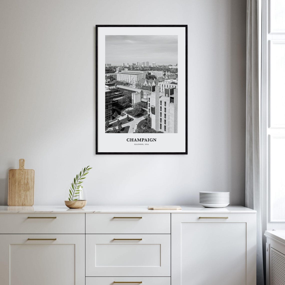 Champaign Illinois City Skyline Panorama Black White Travel Poster - Image 2