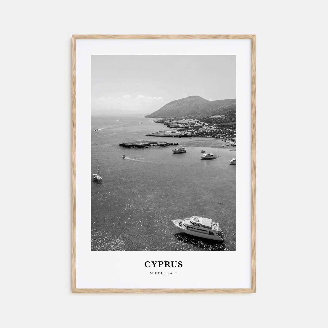 Cyprus Middle East Black and White Bay Boats Aerial Travel Poster