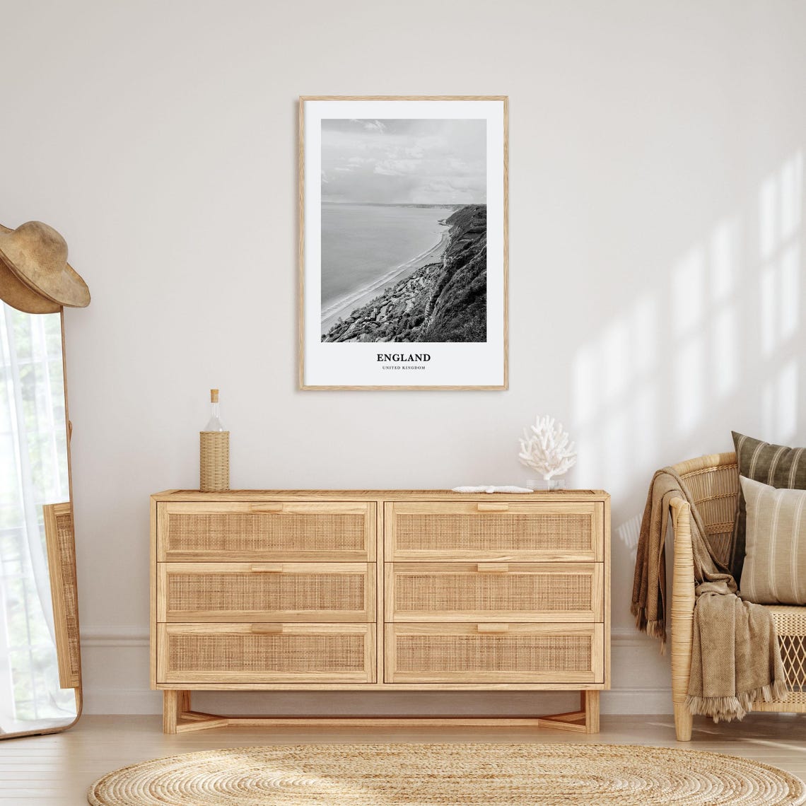 England United Kingdom Coastal Cliffs Beach Black White Poster - Image 3