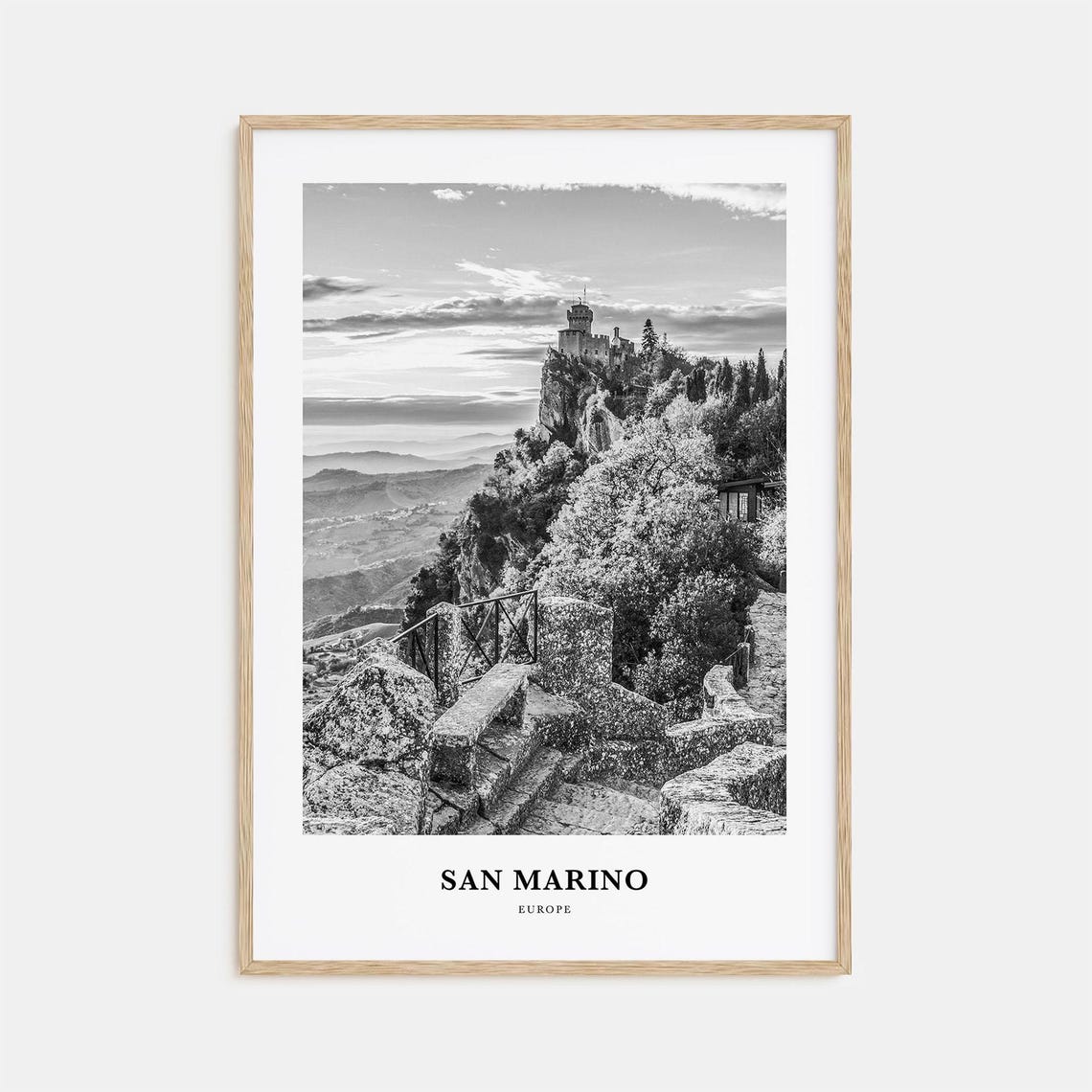 San Marino Europe Mount Titano Fortress Sunset Black White Print