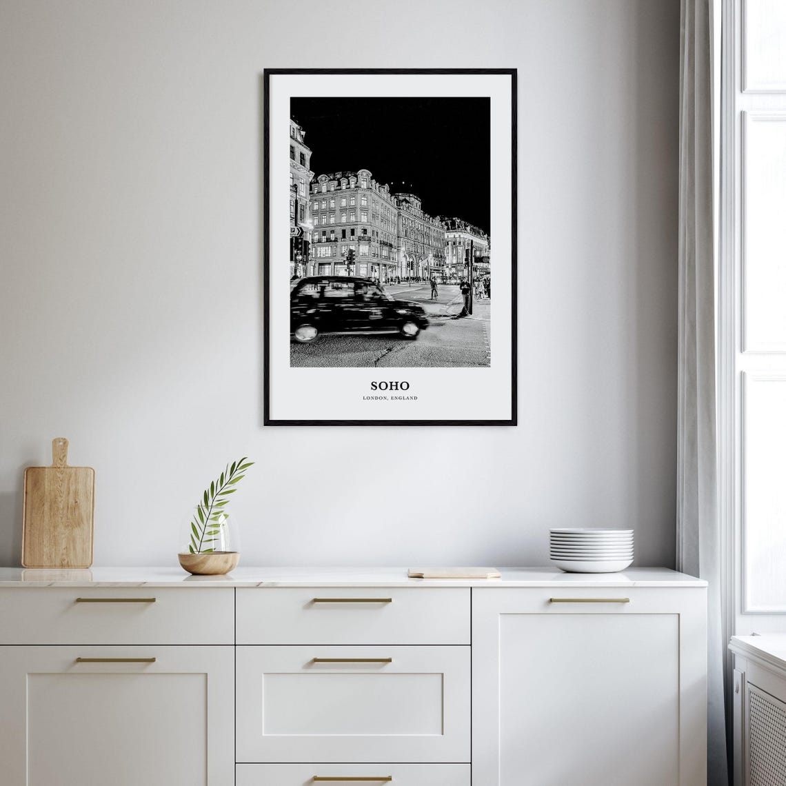 Soho London Night Street Black Taxi Black and White Photo Poster - Image 2
