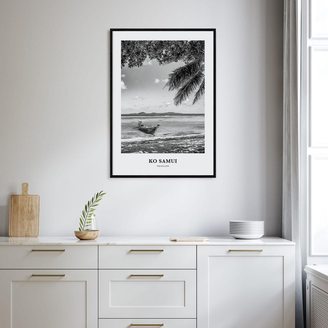 Ko Samui Thailand Black and White Longtail Boat Beach Poster - Image 2