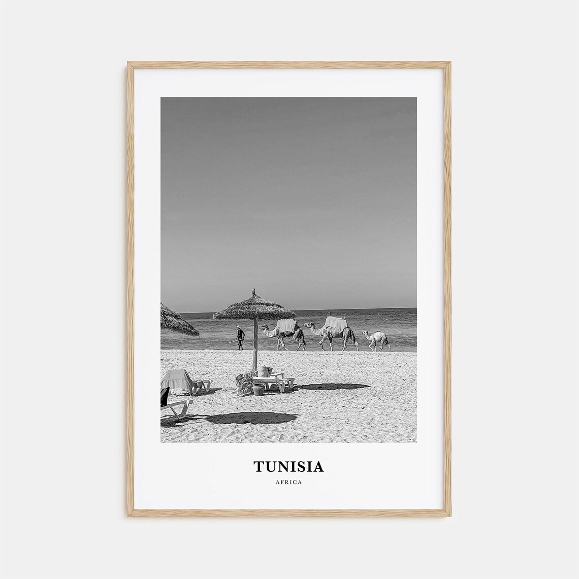 Tunisia Africa Beach Camels Seaside Black and White Photography Poster