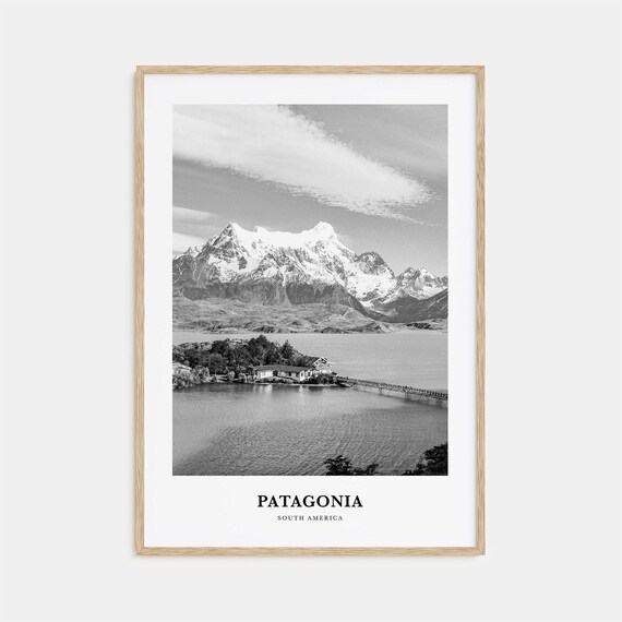Patagonia Snowcapped Peaks Mountain Lake Black and White Poster