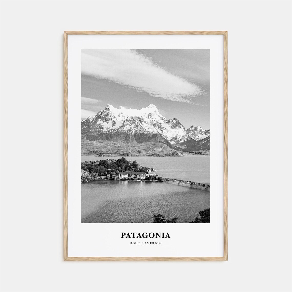 Patagonia Snowcapped Peaks Mountain Lake Black and White Poster