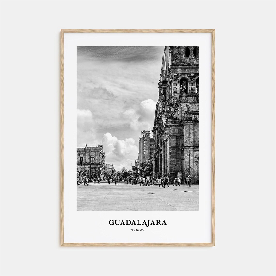 Guadalajara Cathedral Street View Mexico Black And White Travel Poster