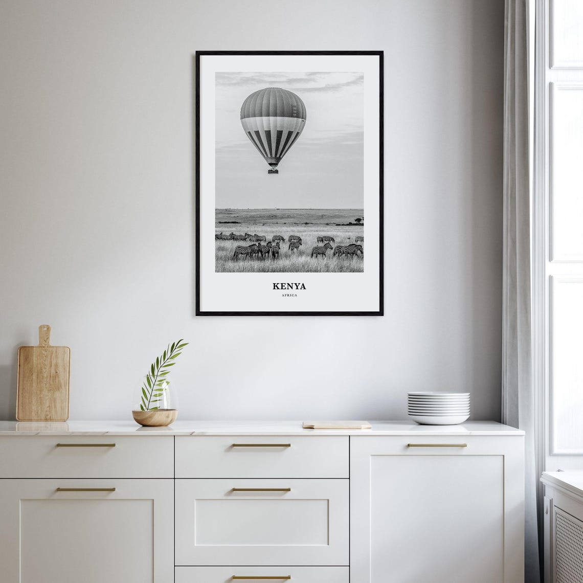 Kenya Africa Black and White Safari Balloon Over Zebra Herd Poster - Image 2