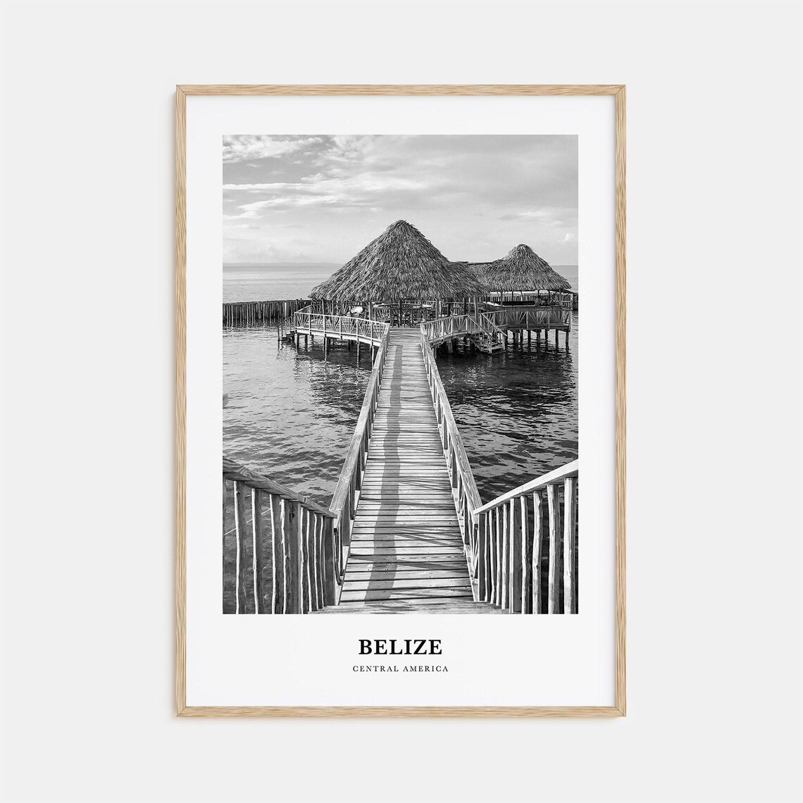 Belize Central America Overwater Thatched Pier Boardwalk Black White Poster