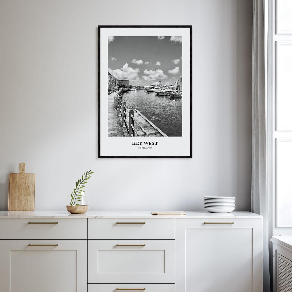 Key West Florida Black and White Marina Boardwalk Harbor Poster - Image 2