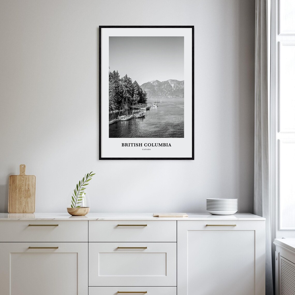 British Columbia Marina Sailboats Mountain View Black and White Poster - Image 2