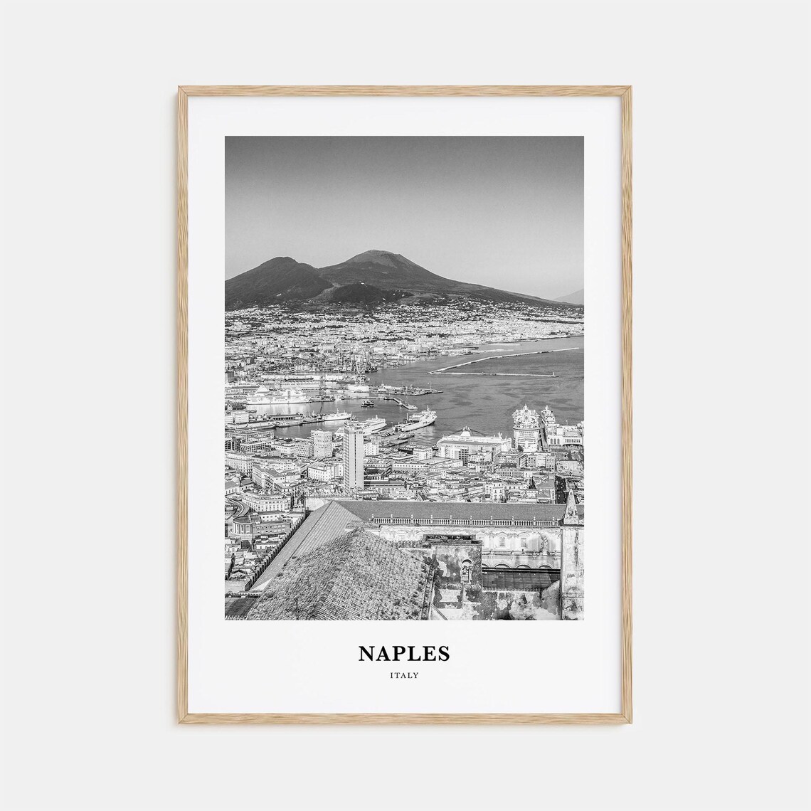 Naples Italy Mount Vesuvius Bay Harbor Black And White Travel Poster