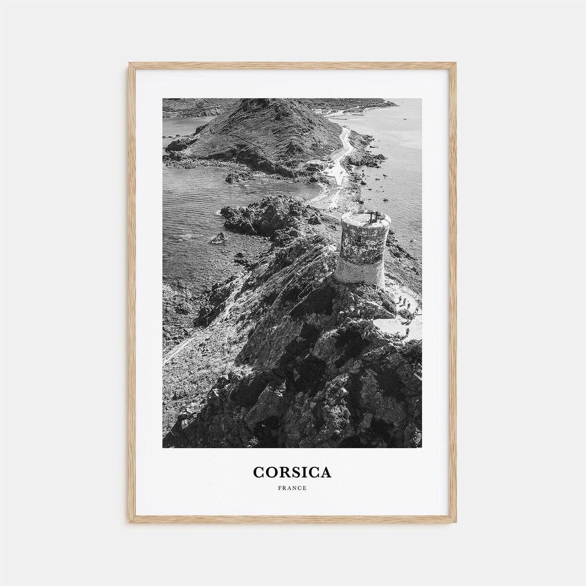 Corsica France Genoese Watchtower Coast Black and White Travel Poster