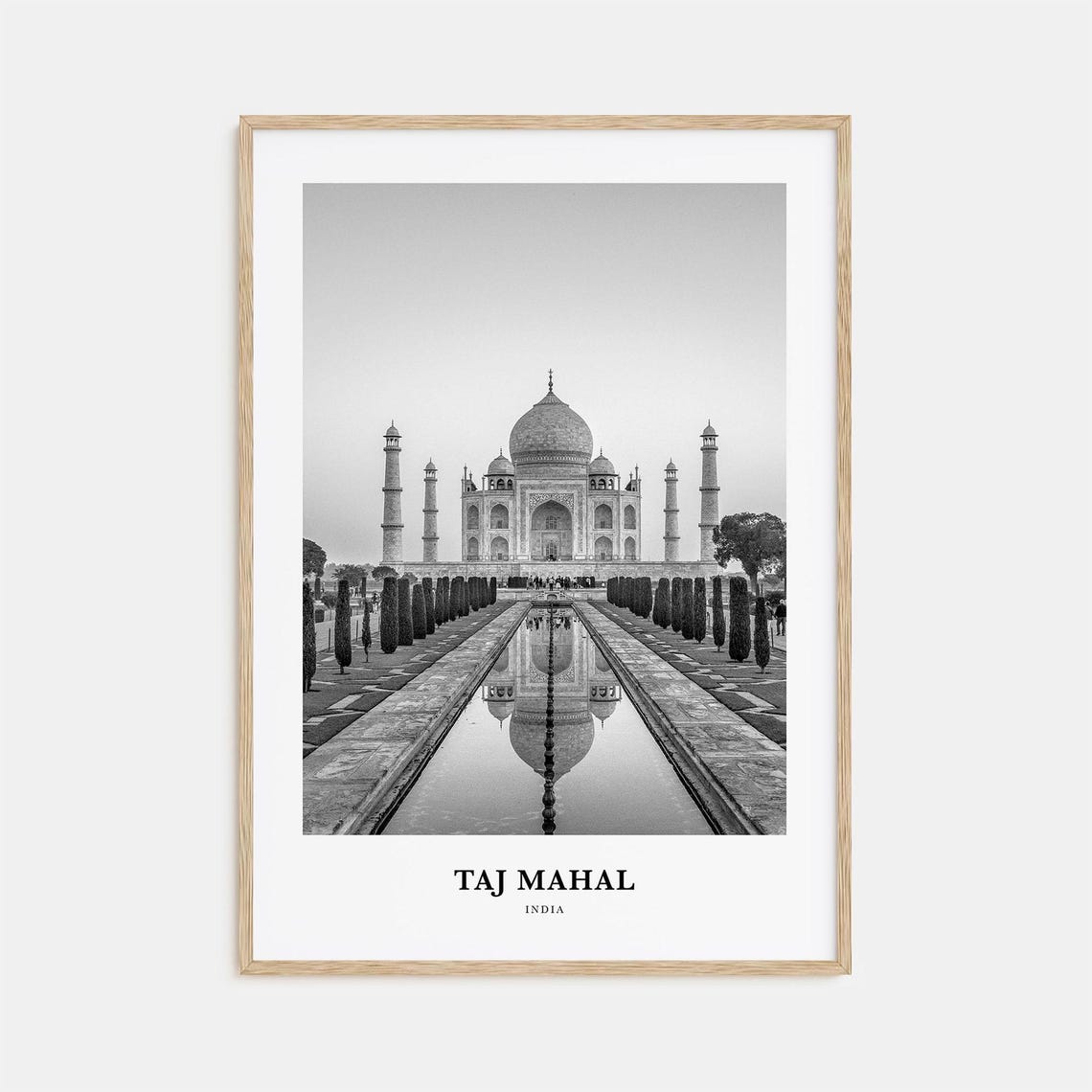 Taj Mahal India Frontal Reflection Black And White Photo Poster