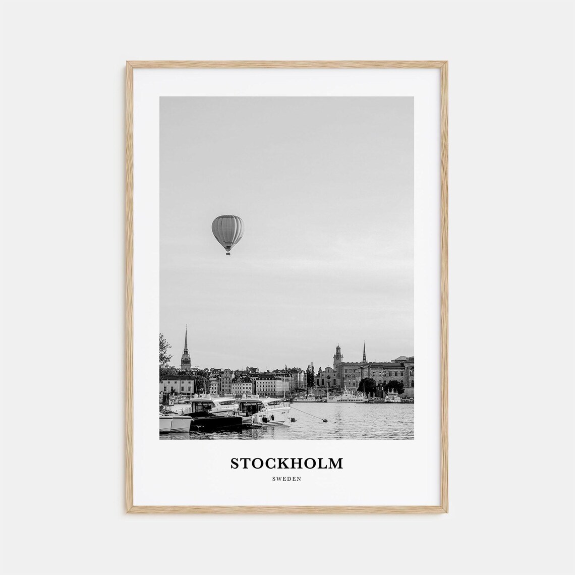 Hot Air Balloon Drifting Over Stockholm Harbor Sweden Travel Poster