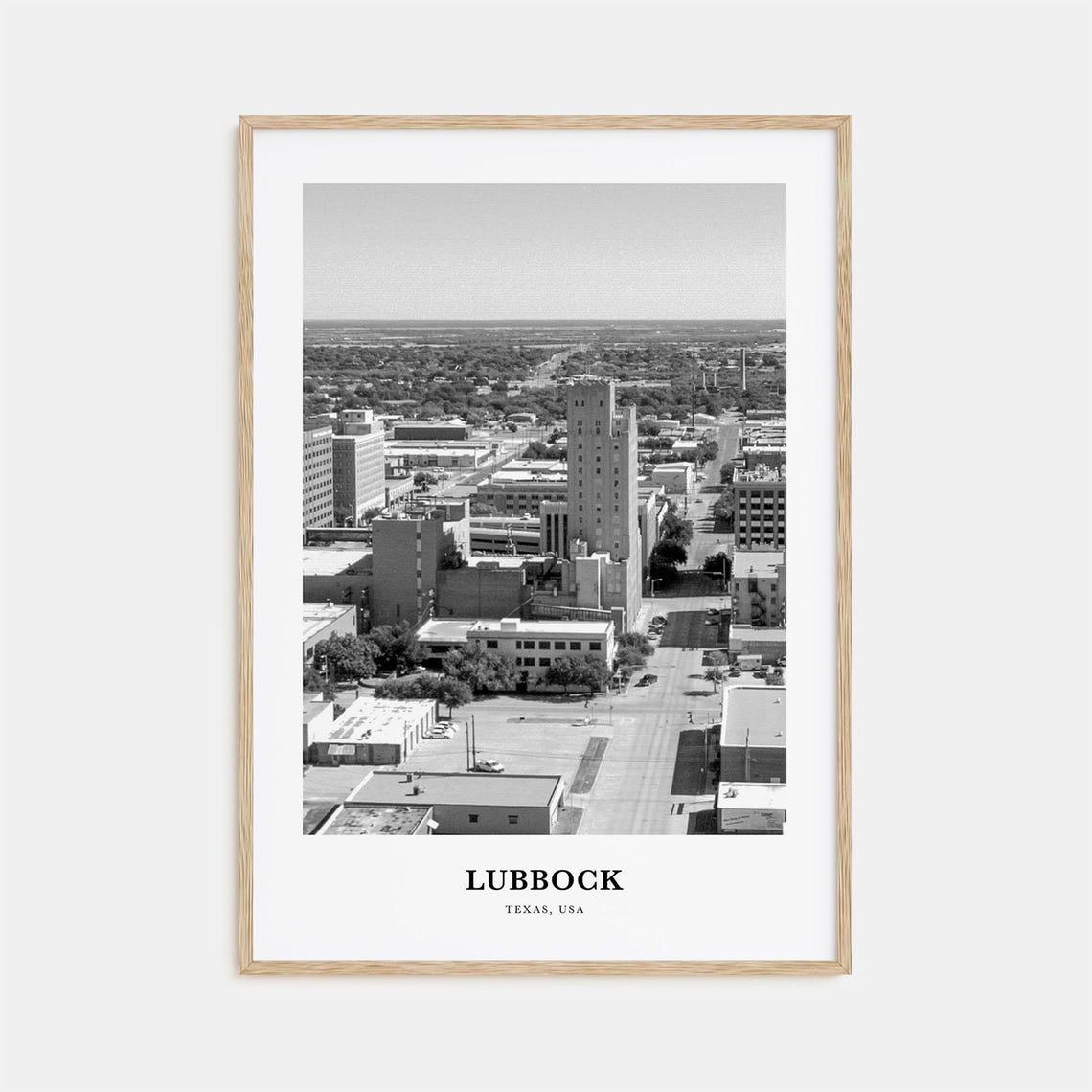 Lubbock Texas Downtown City Aerial View Black and White Travel Poster