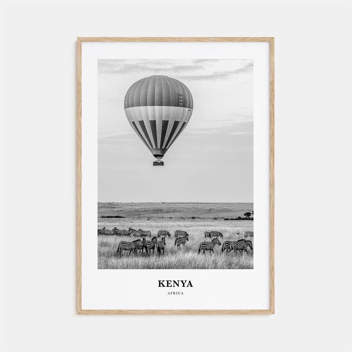 Kenya Africa Black and White Safari Balloon Over Zebra Herd Poster