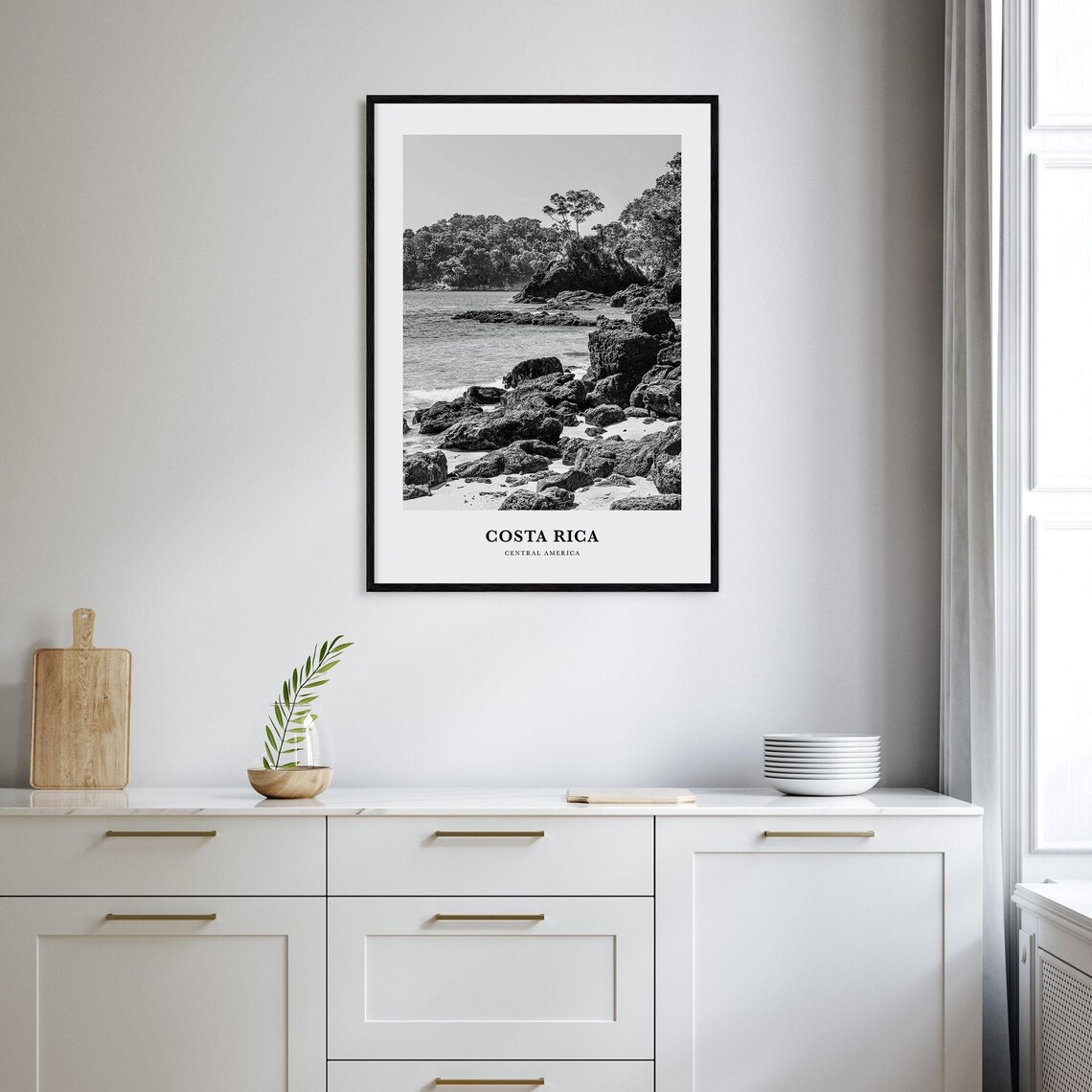 Costa Rica Rocky Cove Volcanic Shore Black and White Travel Poster - Image 2