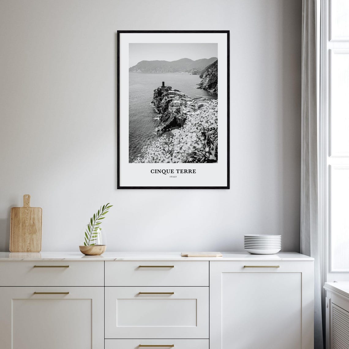 Cinque Terre Italy Harbor Village Cliff View Black and White Poster - Image 2