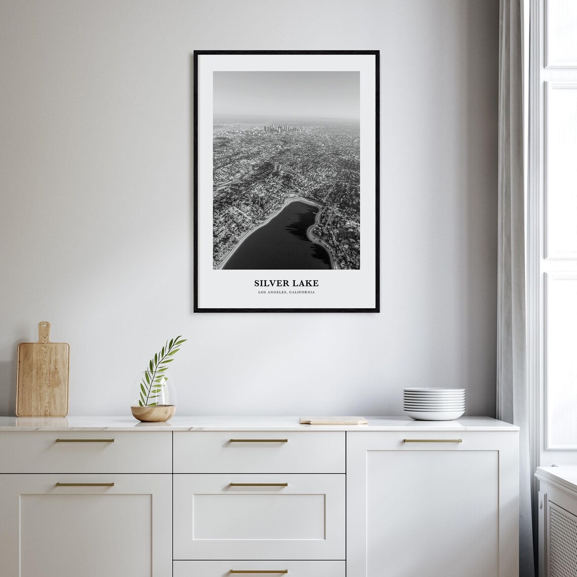 Silver Lake Los Angeles Aerial Reservoir Black and White Photo Poster - Image 2