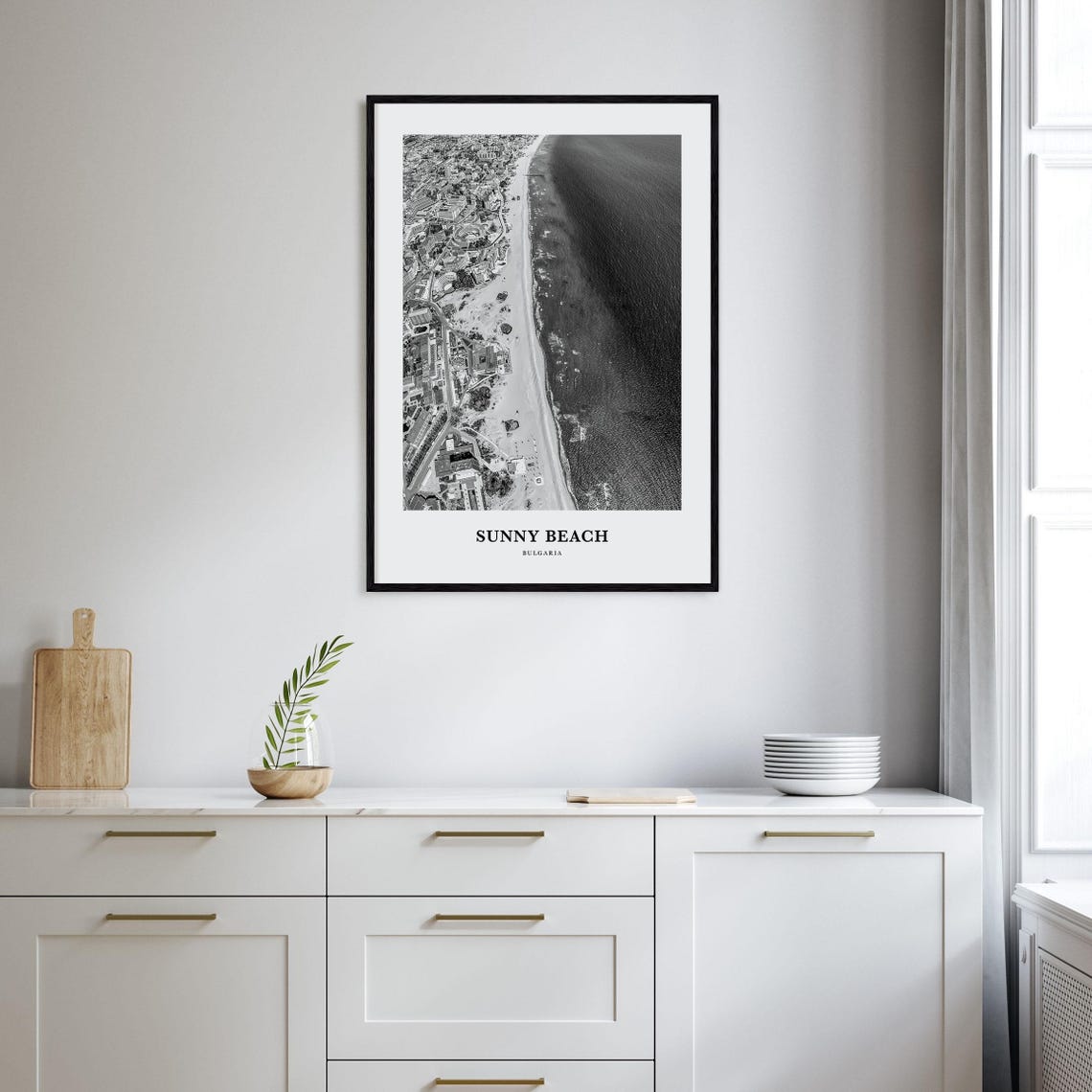Sunny Beach Bulgaria Aerial Coastline Black White Photo Poster - Image 2
