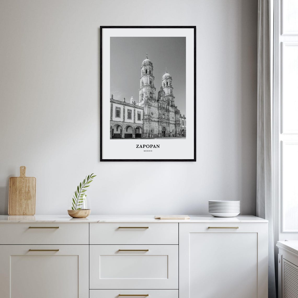 Zapopan Mexico Basilica Twin Stone Towers Black and White Poster - Image 2