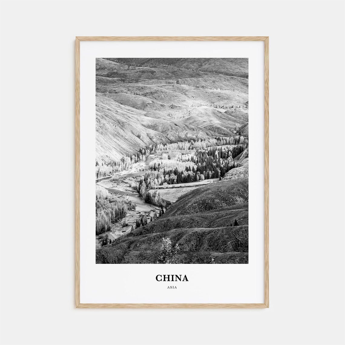 China Mountain Valley with River and Forest Landscape Poster