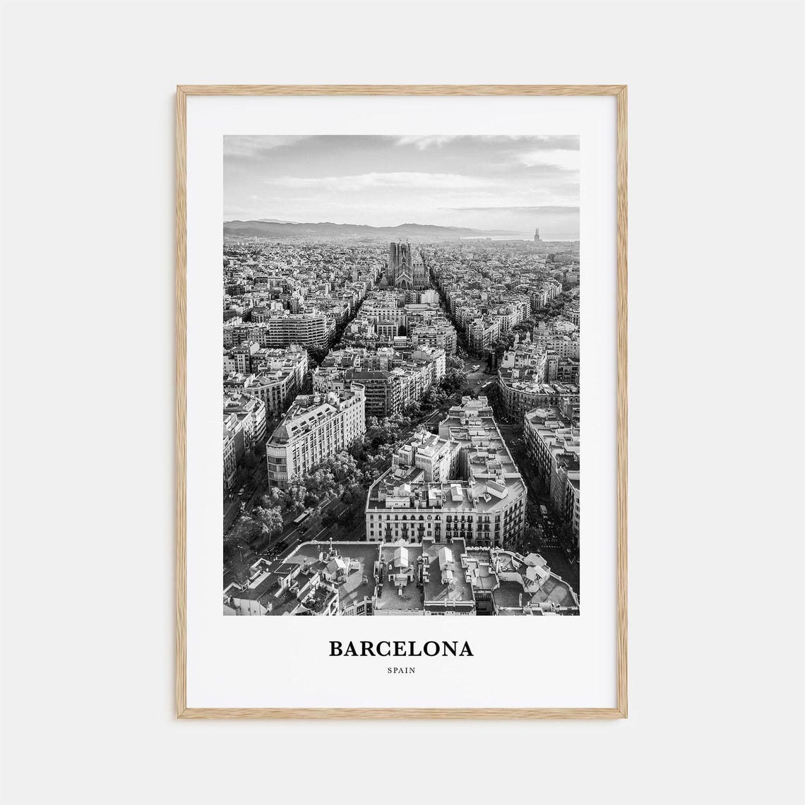 Barcelona Spain Aerial City Grid Sagrada Familia Black White Print
