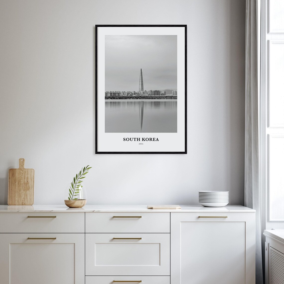 South Korea Seoul Lotte Tower Skyline Black White Photo Poster - Image 2