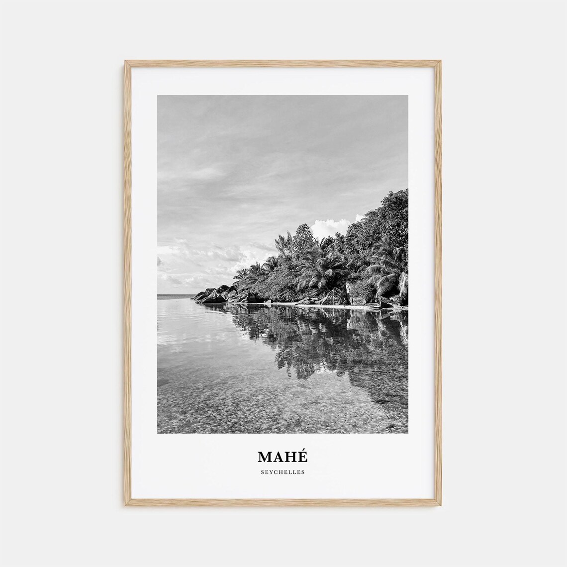 Mahe Seychelles Tropical Cove Palm Beach Black and White Travel Poster