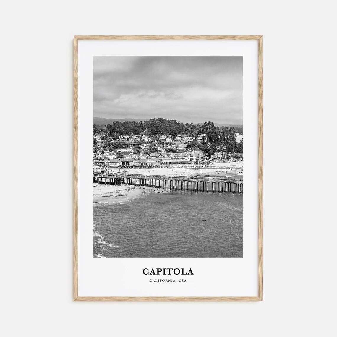Capitola California Pier Beach Town Black White Travel Poster