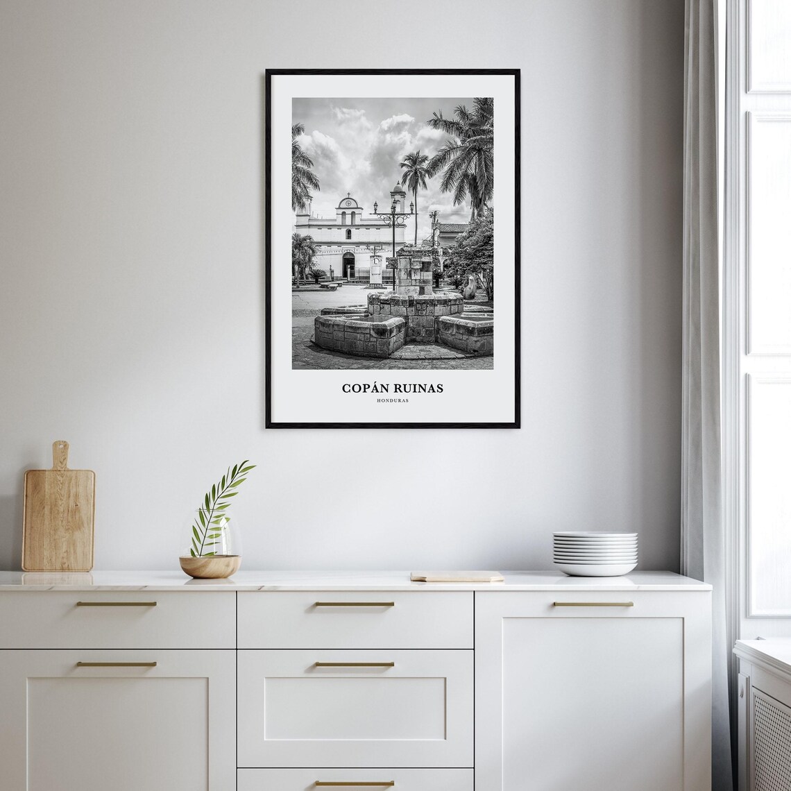 Copan Ruinas Honduras Stone Fountain Plaza Black White Poster - Image 2