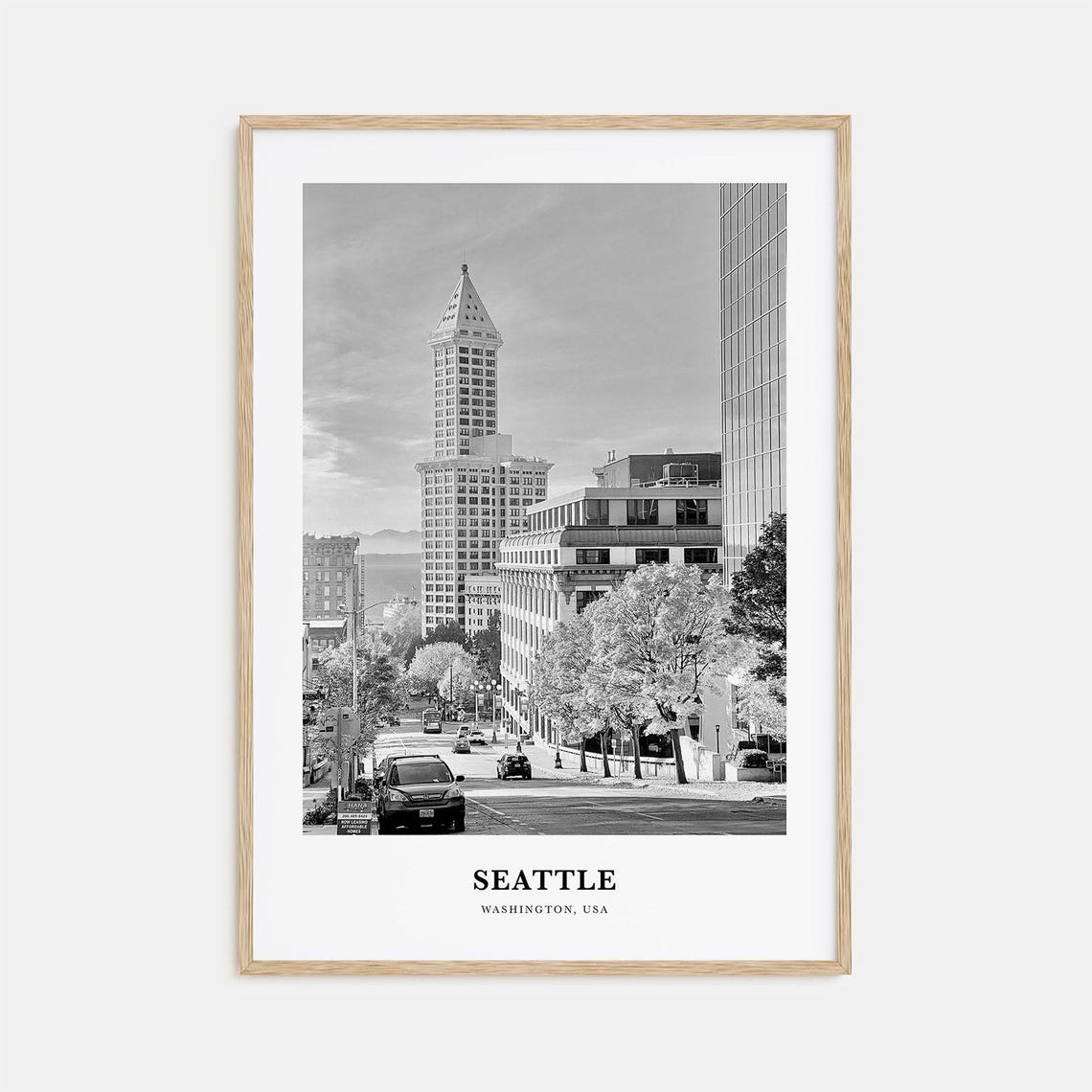 Seattle Washington Smith Tower Downtown Street Black White Poster