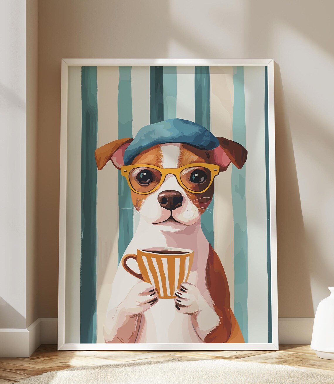 Cute Dog in Beret and Glasses Holding Coffee Cup Funny Poster