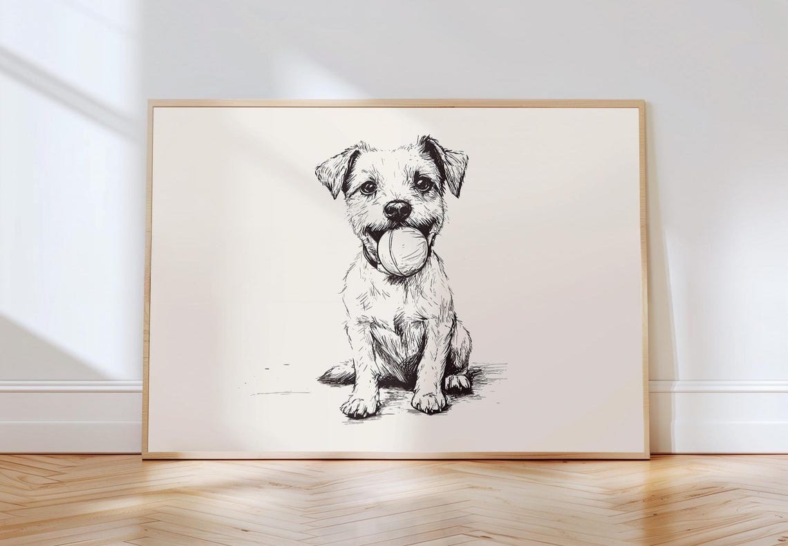 Jack Russell Terrier Sitting With Ball Ink Sketch Puppy Poster