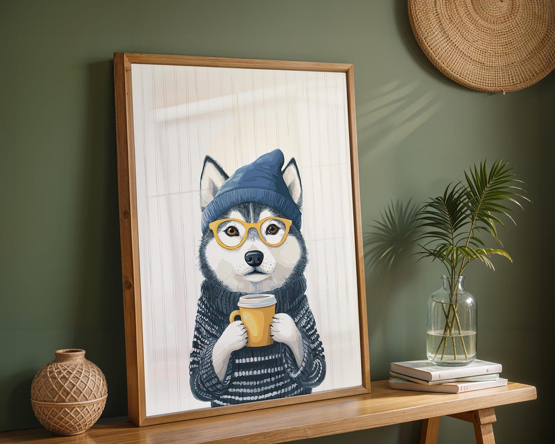 Husky in Blue Beanie and Glasses Holding Takeout Coffee Poster - Image 3