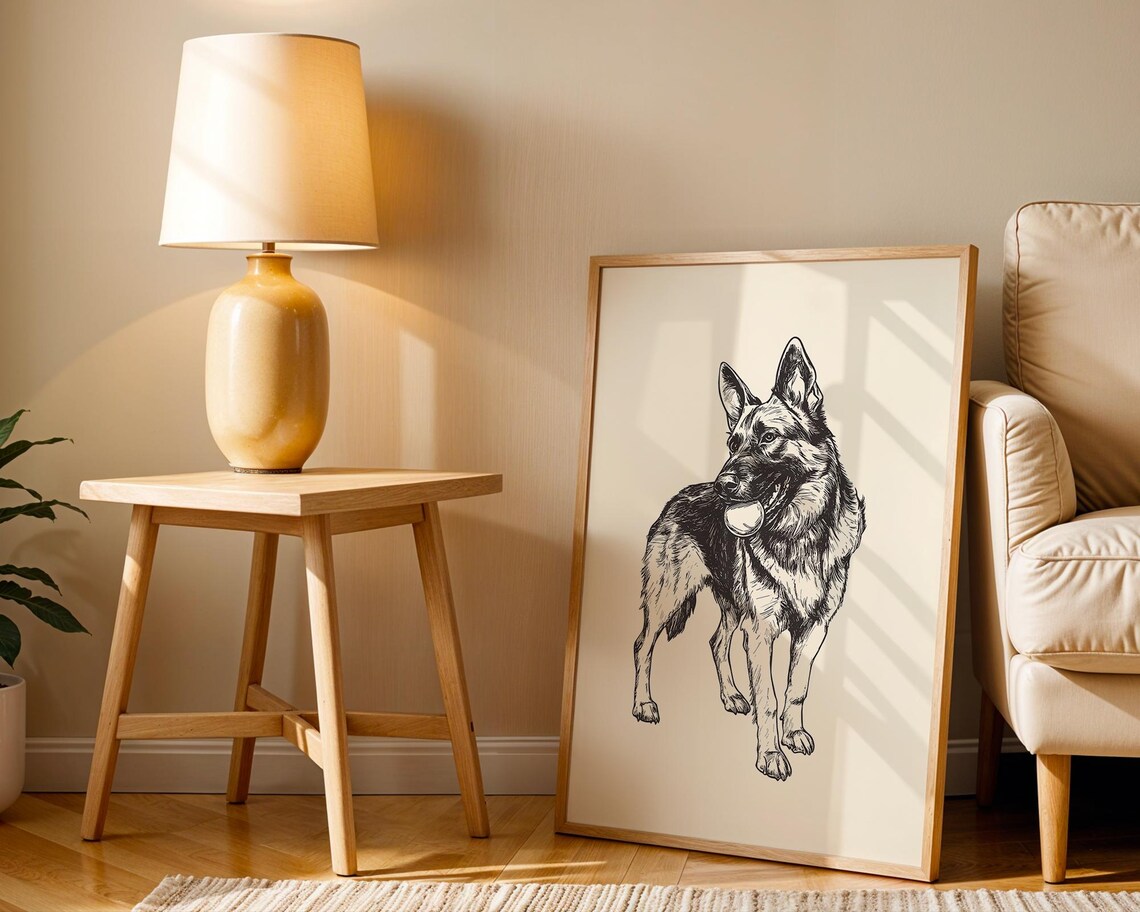 German Shepherd Standing With Ball Bold Ink Sketch Dog Art Poster - Image 2