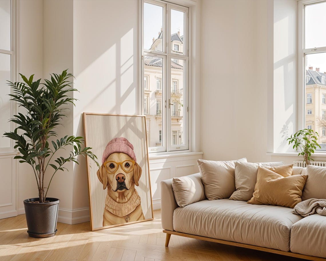 Golden Labrador in Pink Beanie and Glasses Cozy Sweater Poster - Image 3