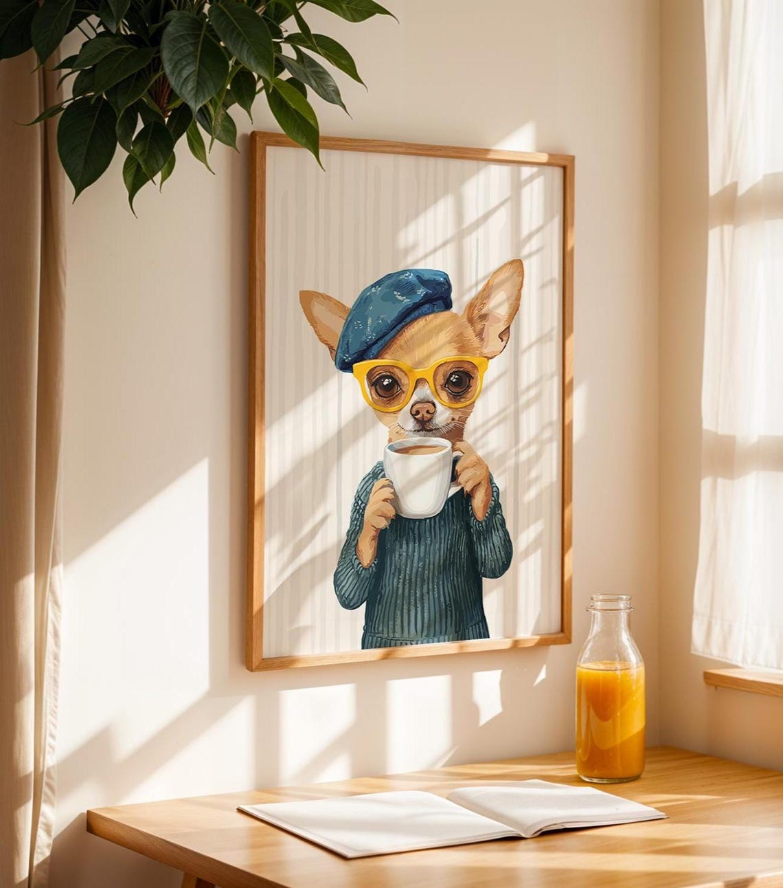 Chihuahua in a Blue Beret and Glasses With Coffee Mug Poster - Image 3