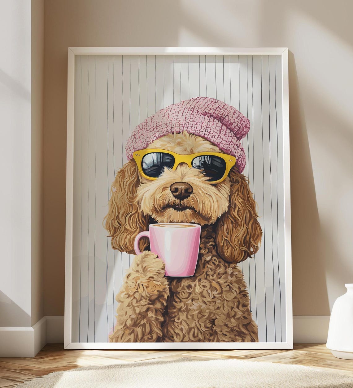 Goldendoodle in Pink Beanie and Sunglasses Sipping Coffee Poster