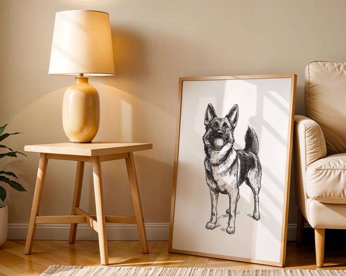 German Shepherd Holding a Ball Minimalist Ink Sketch Dog Poster - Image 2