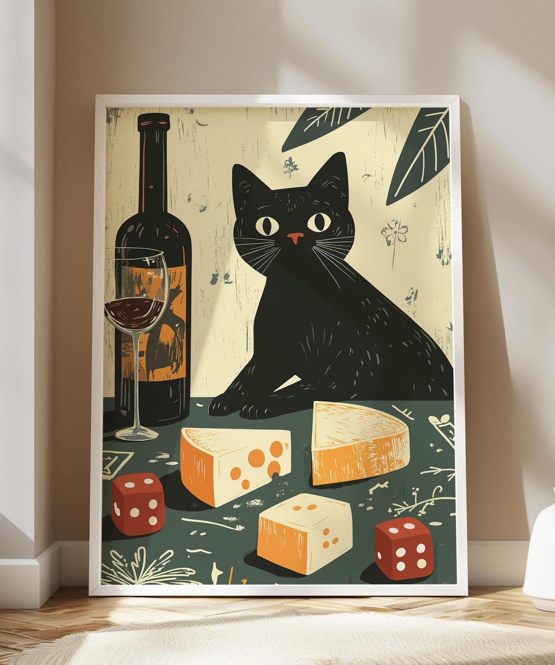 Black Cat Wine and Cheese Vintage Whimsical Kitchen Art Poster