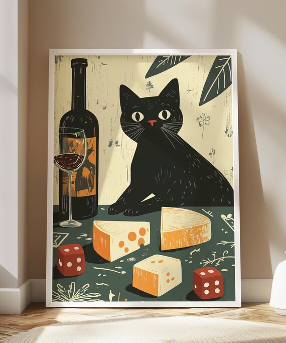 Black Cat Wine and Cheese Vintage Whimsical Kitchen Art Poster