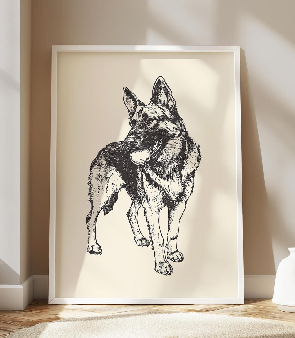 German Shepherd Standing With Ball Bold Ink Sketch Dog Art Poster - Image 3