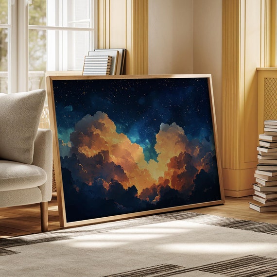 Celestial Cloudscape With Starlit Sky Dreamy Atmospheric Art Print Cosmic Night Glow