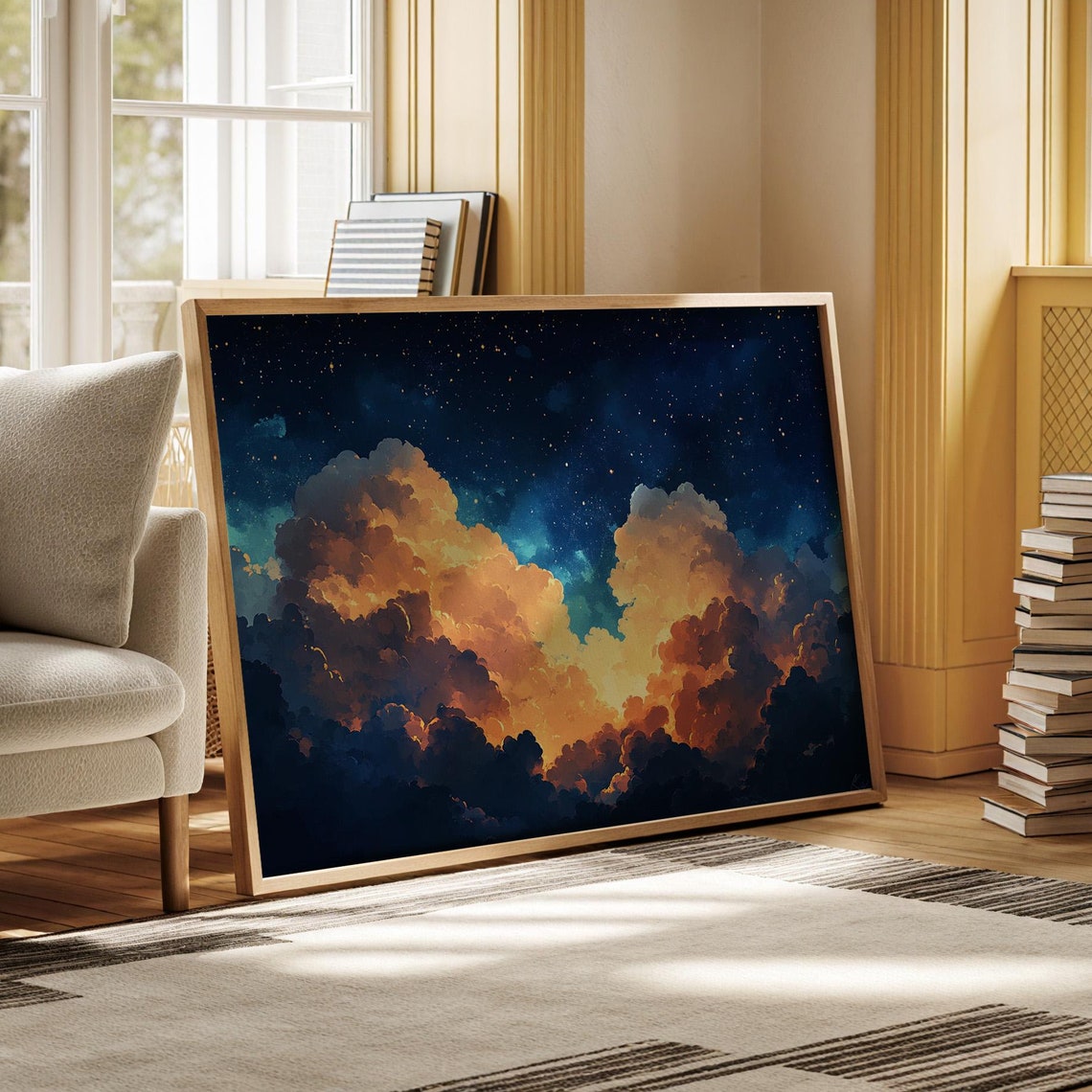 Celestial Cloudscape With Starlit Sky Dreamy Atmospheric Art Print Cosmic Night Glow