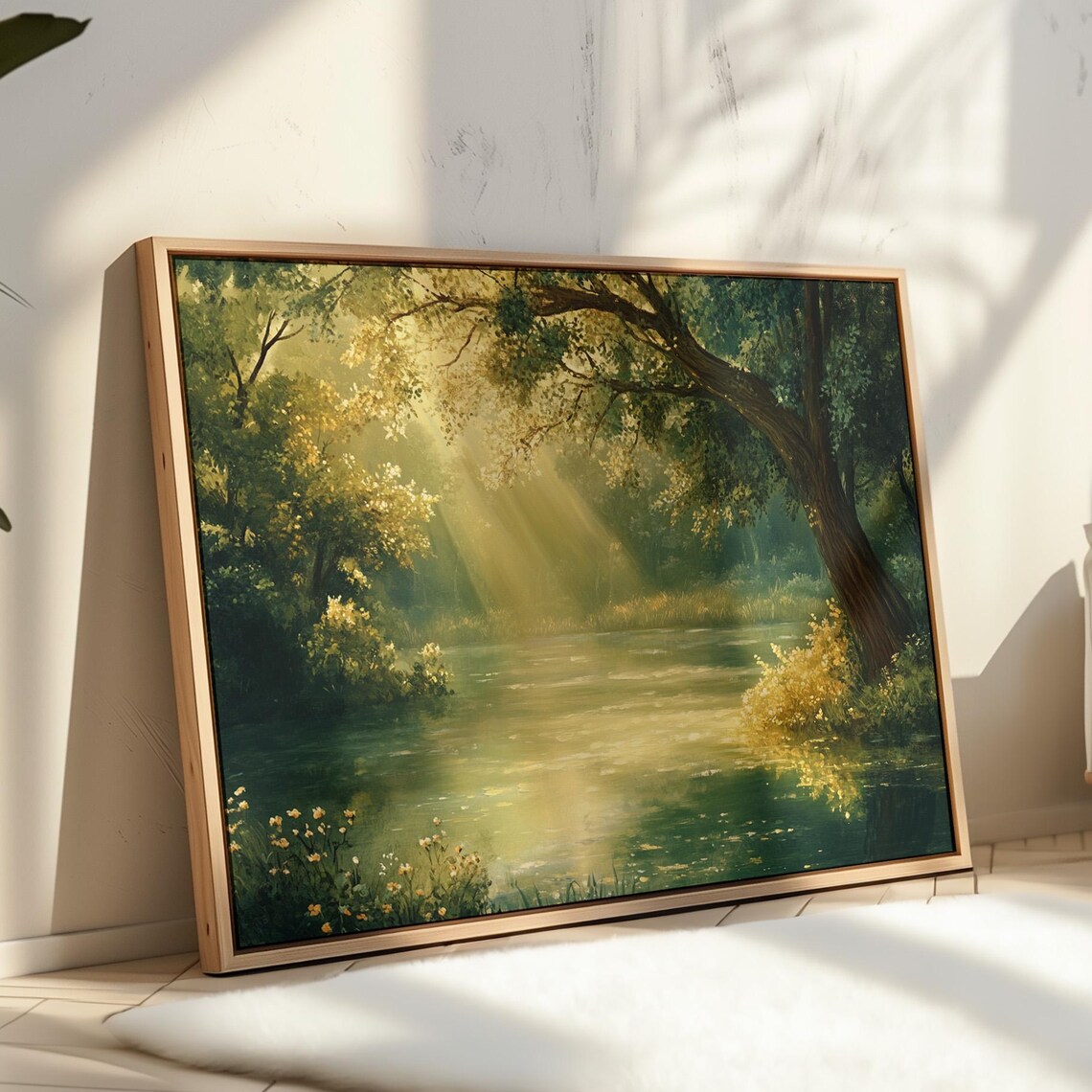 Golden Forest River, Peaceful Sunlit Landscape Art Print