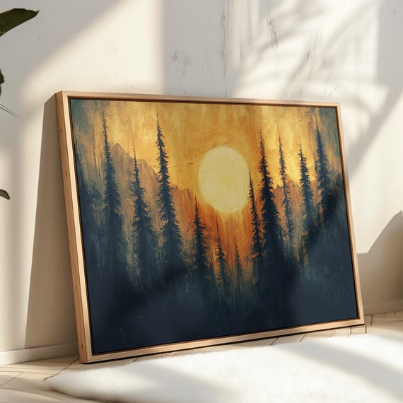 Golden Sunset Forest Painting Moody Pine Tree Wall Art Rustic Mountain Print Warm Nature Decor Scenic Landscape Artwork